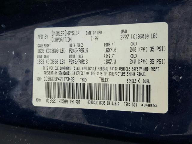 1D3HW28P47S173489 - 2007 DODGE DAKOTA QUAD  photo 10