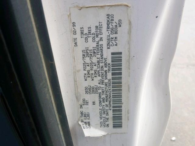 4TAPM62N4XZ478826 - 1999 TOYOTA TACOMA WHITE photo 10