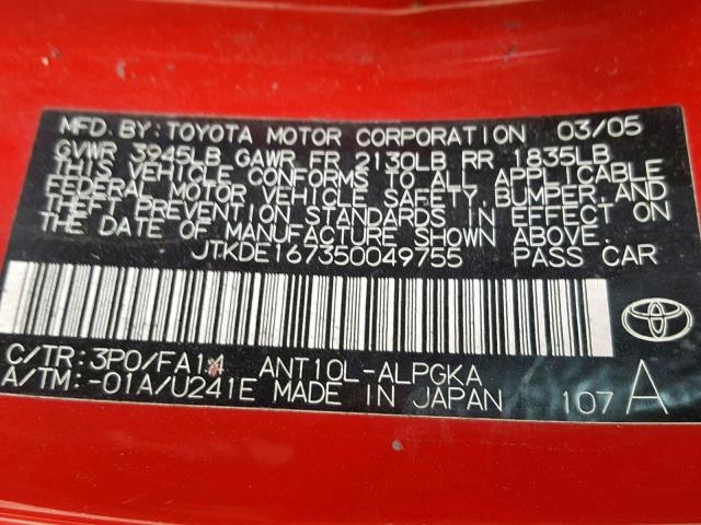 JTKDE167350049755 - 2005 TOYOTA SCION TC წითელი ფოტო 10