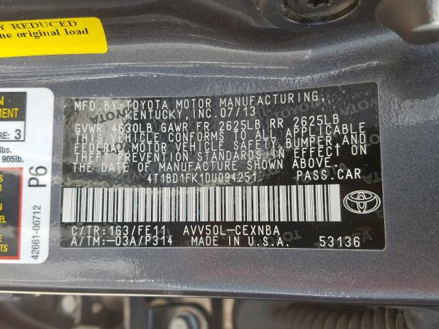 4T1BD1FK1DU094251 - 2013 TOYOTA CAMRY HYBR CHARCOAL photo 10