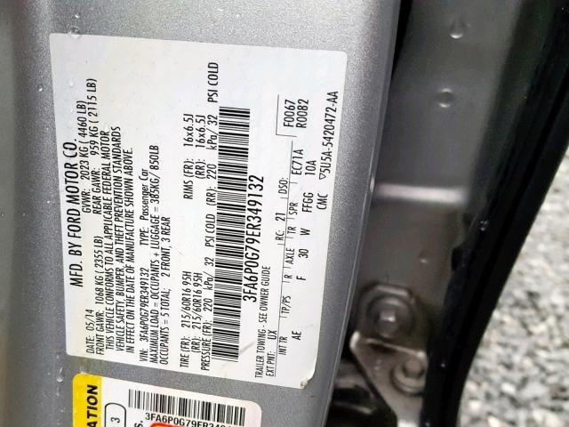 3FA6P0G79ER349132 - 2014 FORD FUSION S SILVER photo 10