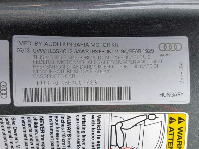 TRUBFAFK6E1001683 - 2014 AUDI TT PREMIUM GRAY photo 10