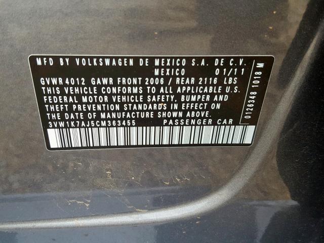 3VW1K7AJ5CM363455 - 2012 VOLKSWAGEN JETTA BASE SILVER photo 10