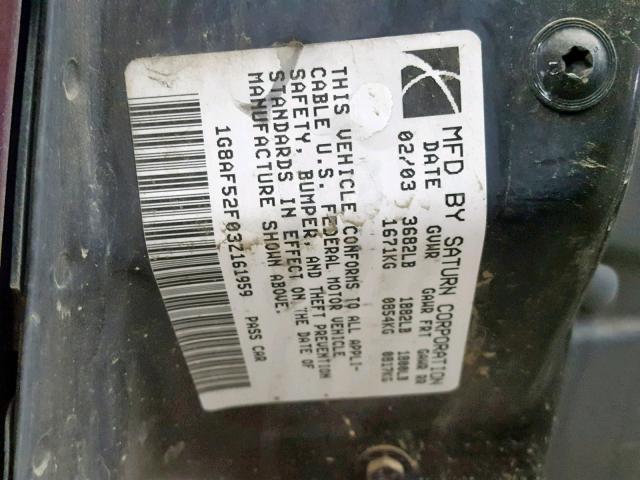 1G8AF52F03Z161959 - 2003 SATURN ION LEVEL MAROON photo 10