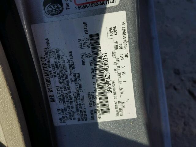 3FAHP06Z59R200251 - 2009 FORD FUSION S SILVER photo 10