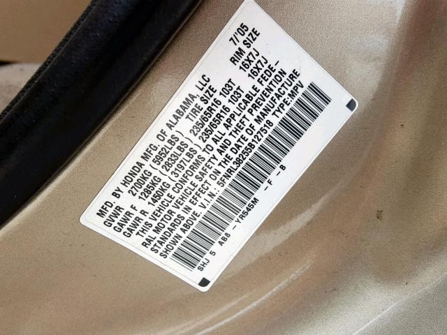 5FNRL38255B127518 - 2005 HONDA ODYSSEY LX GOLD photo 10