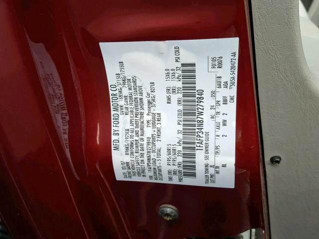 1FAFP34N87W279840 - 2007 FORD FOCUS ZX4 RED photo 10