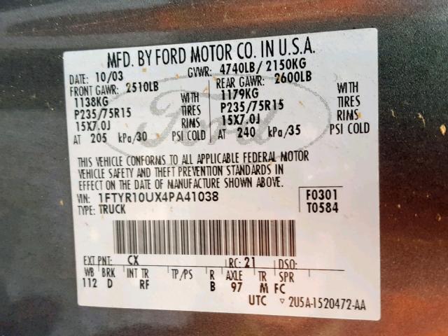 1FTYR10UX4PA41038 - 2004 FORD RANGER GRAY photo 10