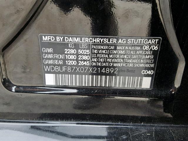 WDBUF87X07X214892 - 2007 MERCEDES-BENZ E 350 4MAT BLACK photo 10