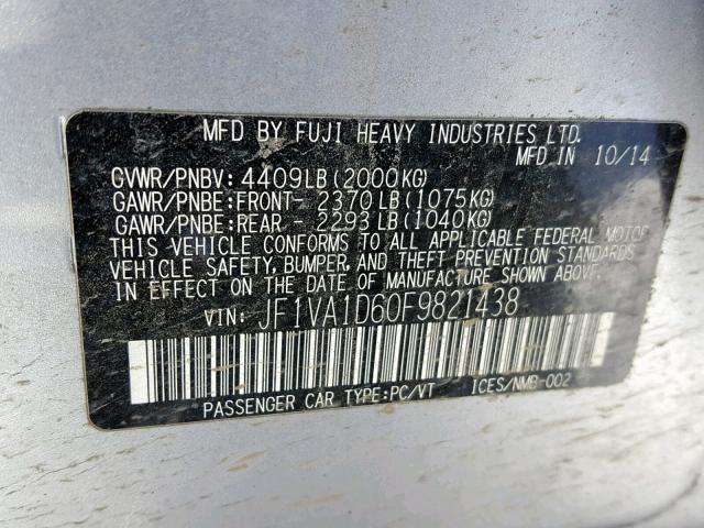 JF1VA1D60F9821438 - 2015 SUBARU WRX PREMIU SILVER photo 10