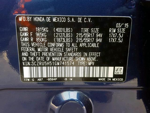 3CZRU5H51GM741574 - 2016 HONDA HR-V EX BLUE photo 10