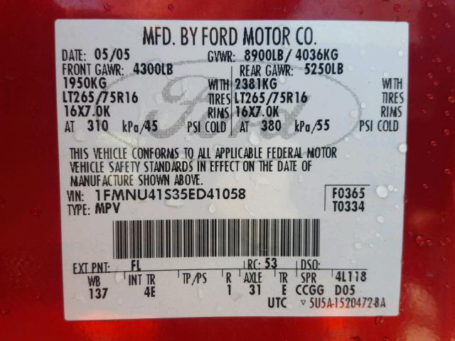 1FMNU41S35ED41058 - 2005 FORD EXCURSION RED photo 10