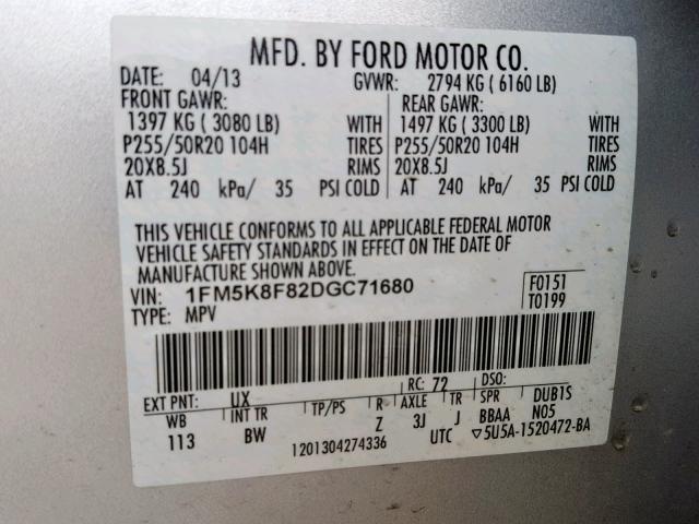 1FM5K8F82DGC71680 - 2013 FORD EXPLORER L SILVER photo 10