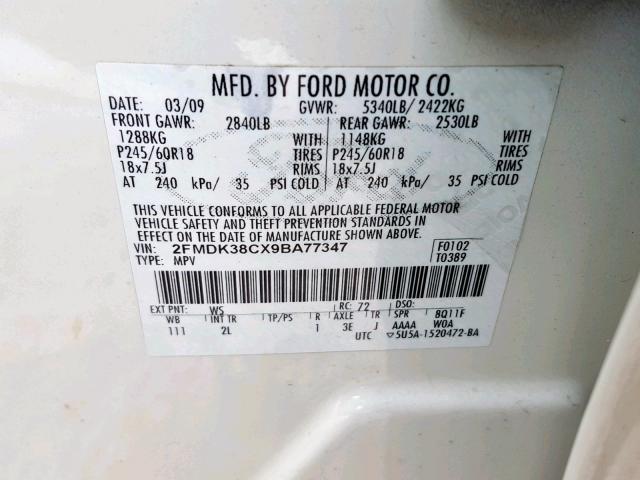 2FMDK38CX9BA77347 - 2009 FORD EDGE SEL WHITE photo 10