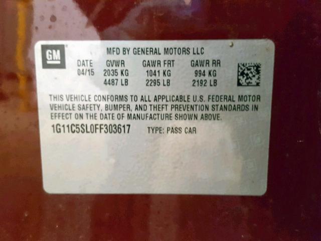 1G11C5SL0FF303617 - 2015 CHEVROLET MALIBU 1LT MAROON photo 10