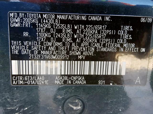 2T3ZF31V69W009912 - 2009 TOYOTA RAV4 LIMIT CHARCOAL photo 10