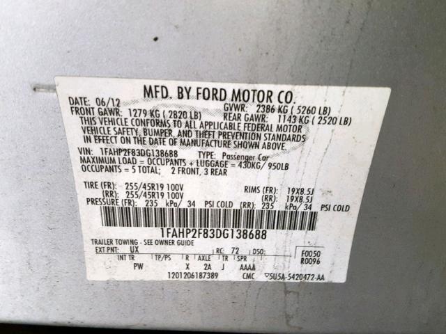 1FAHP2F83DG138688 - 2013 FORD TAURUS LIM SILVER photo 10