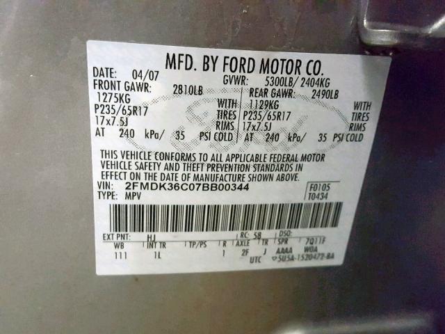 2FMDK36C07BB00344 - 2007 FORD EDGE SE SILVER photo 10