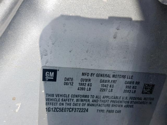 1G1ZC5E07CF372224 - 2012 CHEVROLET MALIBU 1LT ვერცხლისფერი ფოტო 10