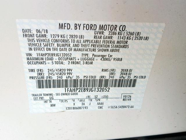 1FAHP2E89JG132052 - 2018 FORD TAURUS SEL WHITE photo 10