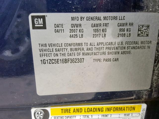 1G1ZC5E16BF362307 - 2011 CHEVROLET MALIBU 1LT ლურჯი ფოტო 10