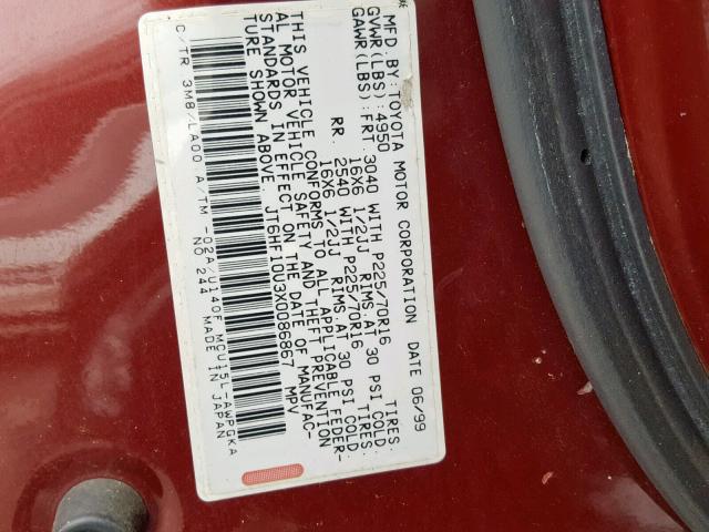 JT6HF10U3X0086867 - 1999 LEXUS RX 300 RED photo 10