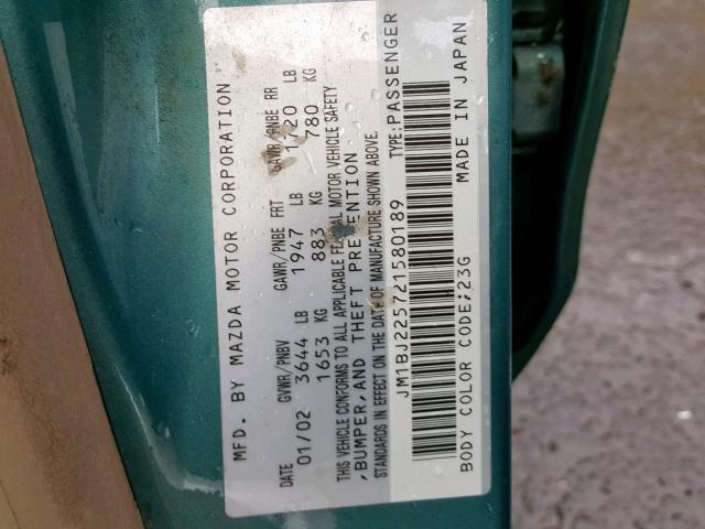 JM1BJ225721580189 - 2002 MAZDA PROTEGE DX TEAL photo 10