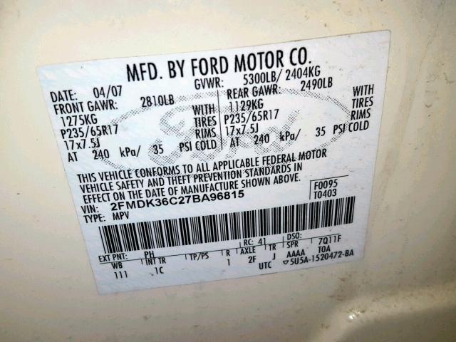 2FMDK36C27BA96815 - 2007 FORD EDGE SE WHITE photo 10