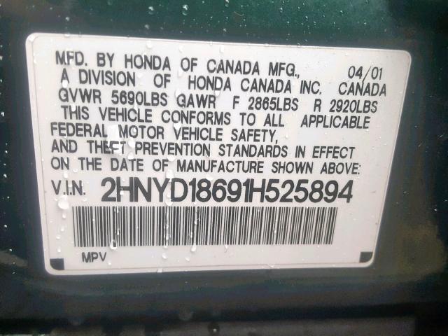 2HNYD18691H525894 - 2001 ACURA MDX TOURIN GREEN photo 10