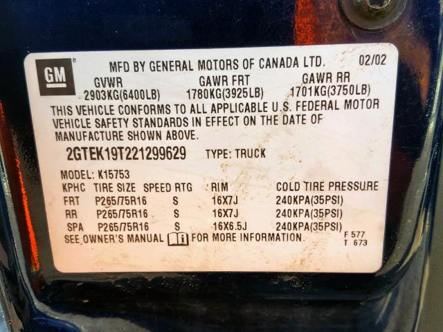 2GTEK19T221299629 - 2002 GMC NEW SIERRA BLUE photo 10