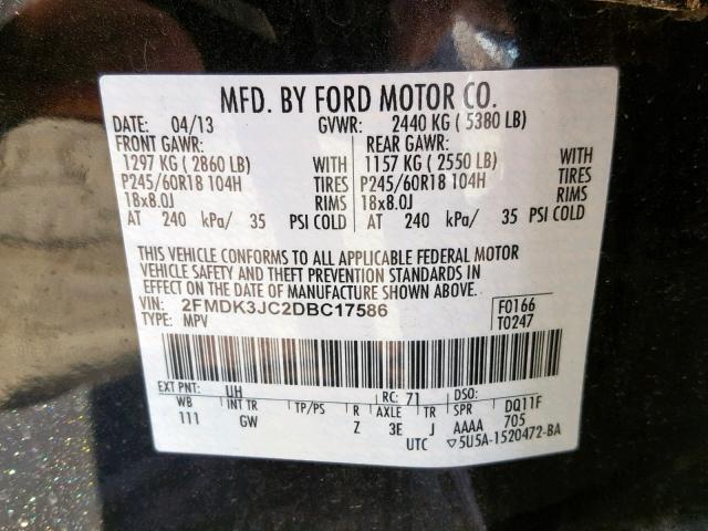 2FMDK3JC2DBC17586 - 2013 FORD EDGE SEL BLACK photo 10