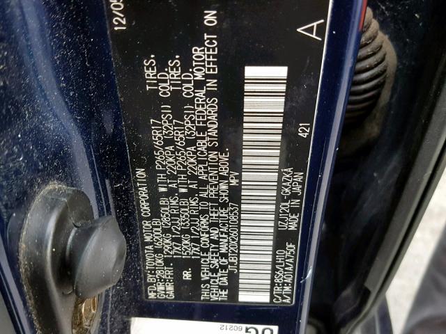 JTJBT20X260108537 - 2006 LEXUS GX 470 BLUE photo 10