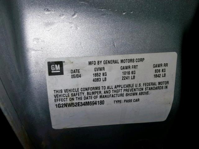 1G2NW52E34M694180 - 2004 PONTIAC GRAND AM G SILVER photo 10