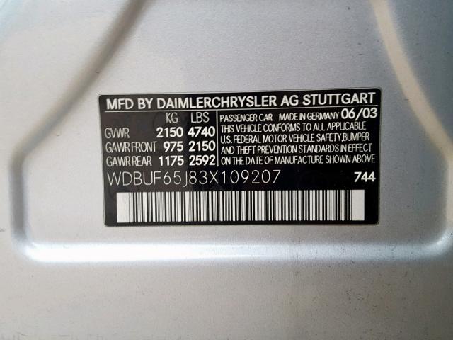 WDBUF65J83X109207 - 2003 MERCEDES-BENZ E 320 SILVER photo 10