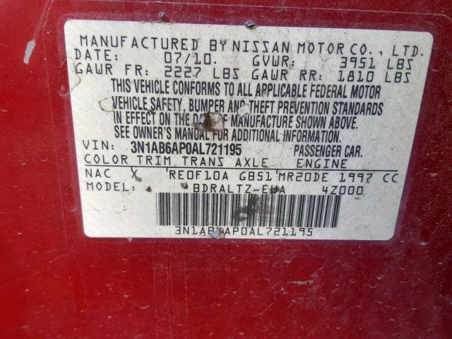 3N1AB6AP0AL721195 - 2010 NISSAN SENTRA 2.0 RED photo 10