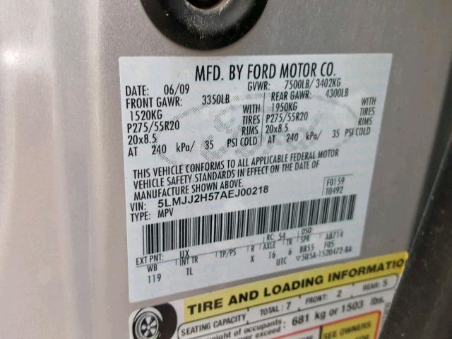 5LMJJ2H57AEJ00218 - 2010 LINCOLN NAVIGATOR Күміс фото 10