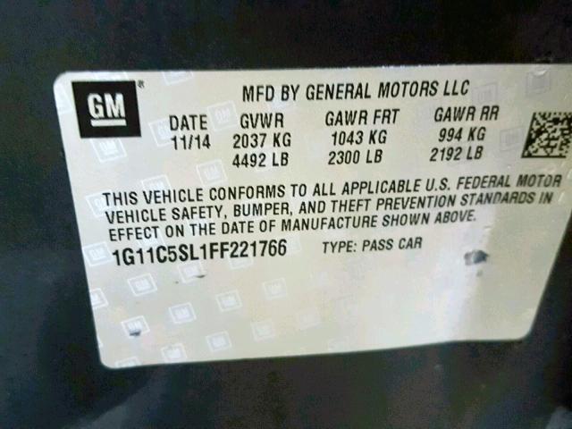 1G11C5SL1FF221766 - 2015 CHEVROLET MALIBU 1LT 灰色 照片 10