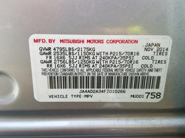 JA4AD2A34FZ010266 - 2015 MITSUBISHI OUTLANDER SILVER photo 10