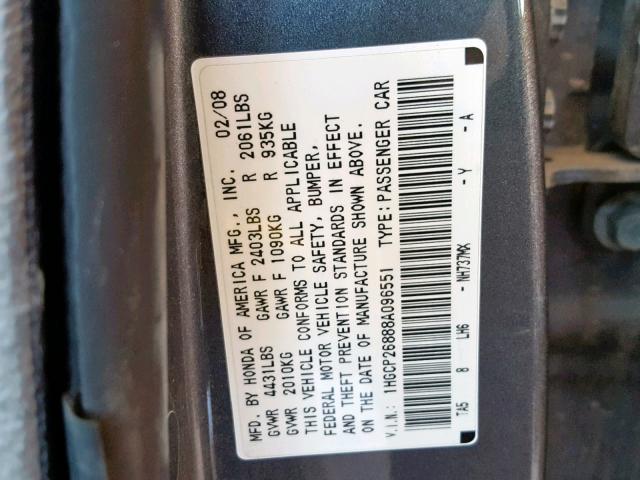 1HGCP26888A096551 - 2008 HONDA ACCORD EXL GRAY photo 10