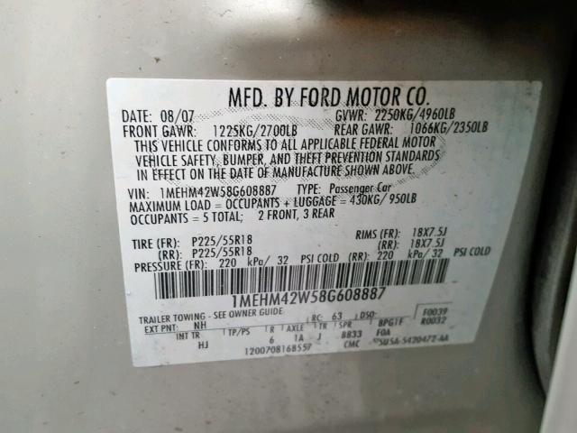 1MEHM42W58G608887 - 2008 MERCURY SABLE PREM SILVER photo 10