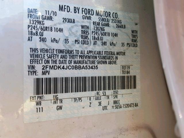 2FMDK4JC0BBA53435 - 2011 FORD EDGE SEL WHITE photo 10