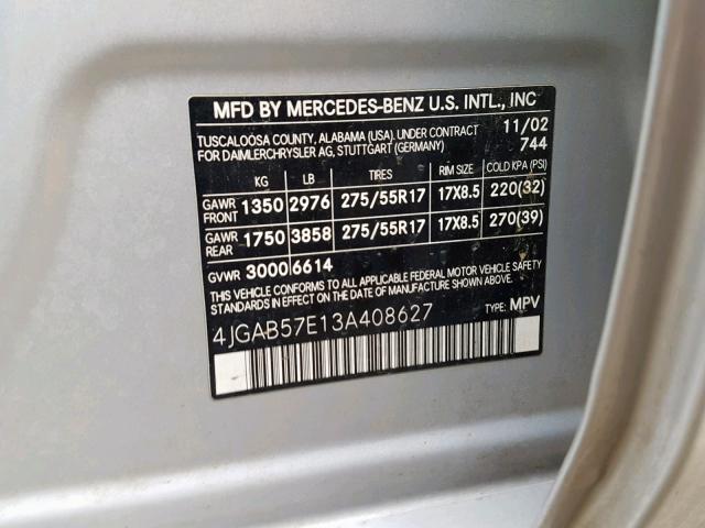 4JGAB57E13A408627 - 2003 MERCEDES-BENZ ML 350 SILVER photo 10