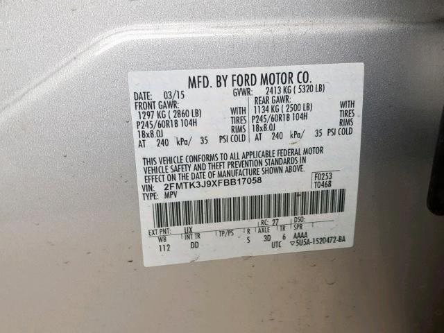 2FMTK3J9XFBB17058 - 2015 FORD EDGE SEL SILVER photo 10