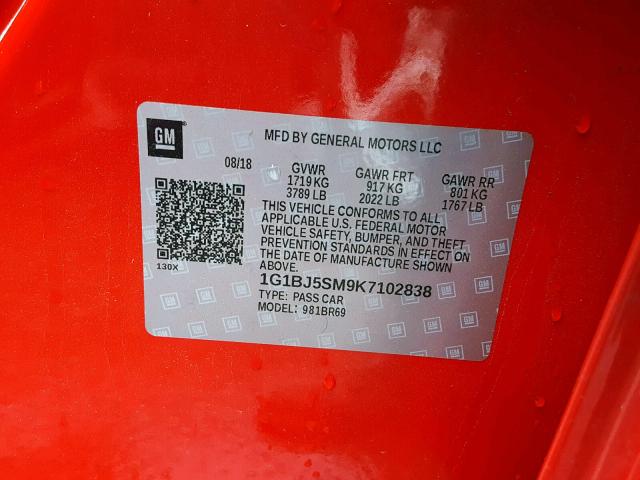 1G1BJ5SM9K7102838 - 2019 CHEVROLET CRUZE RED photo 10