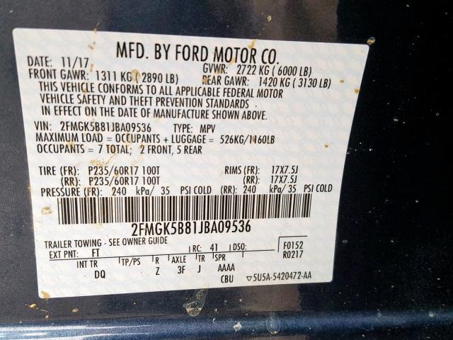 2FMGK5B81JBA09536 - 2018 FORD FLEX SE BLUE photo 10