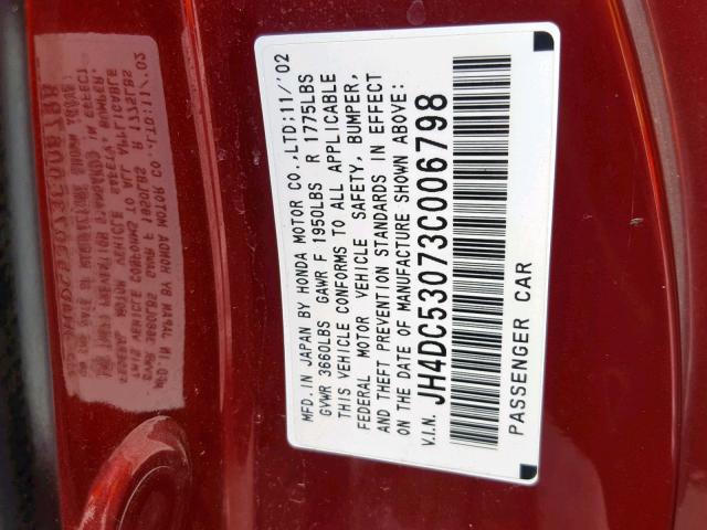 JH4DC53073C006798 - 2003 ACURA RSX TYPE-S RED photo 10