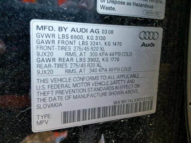 WA1BV74LX8D057702 - 2008 AUDI Q7 4.2 QUA BLACK photo 10