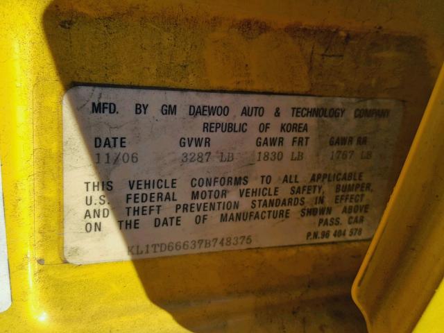 KL1TD66637B748375 - 2007 CHEVROLET AVEO BASE Сары фото 10