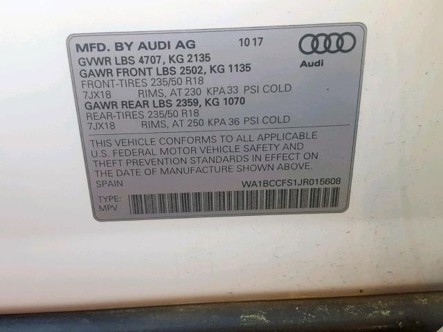 WA1BCCFS1JR015608 - 2018 AUDI Q3 PREMIUM WHITE photo 10