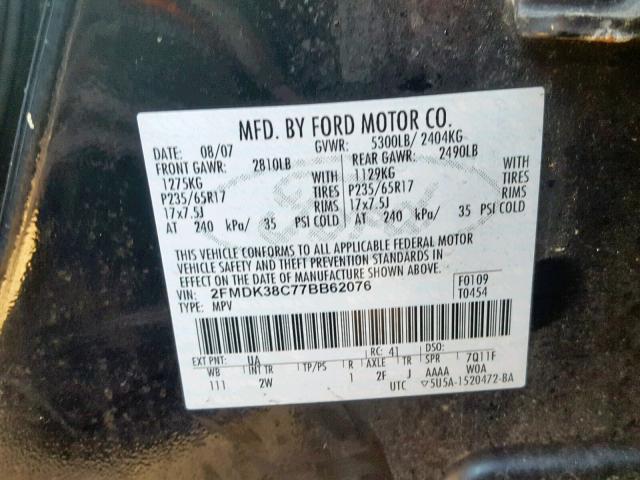 2FMDK38C77BB62076 - 2007 FORD EDGE SEL BLACK photo 10